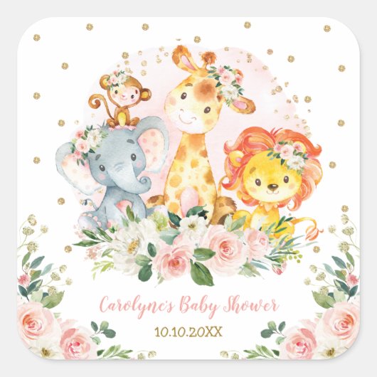 赤面ピンクの金ゴールドジャングル動物の水色フローラ スクエアシール (正面)