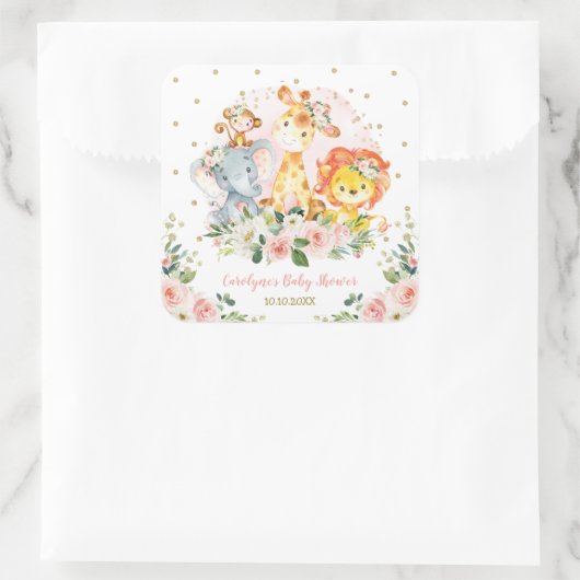 赤面ピンクの金ゴールドジャングル動物の水色フローラ スクエアシール (バッグ)