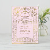 赤面ピンクの金ゴールドビクトリアンヴィンテージ1歳の誕生日 招待状 (スタンド正面)