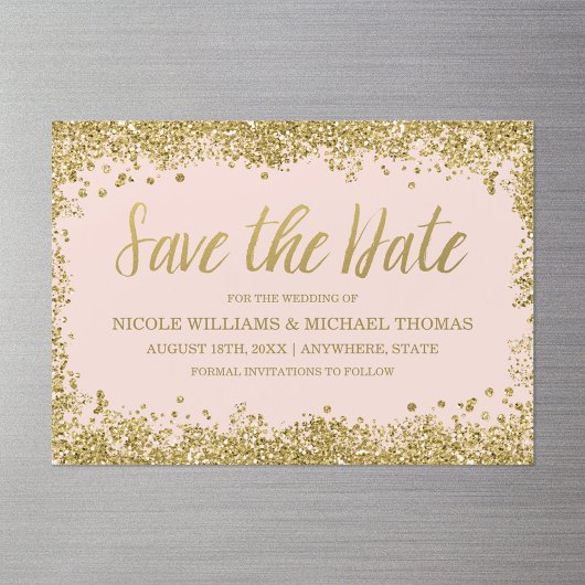 赤面ピンクの金ゴールドフェイクグリッター日付の保存 マグネット招待状