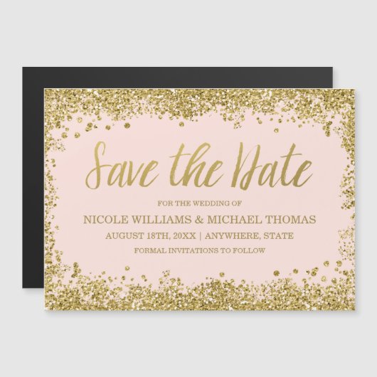 赤面ピンクの金ゴールドフェイクグリッター日付の保存 マグネット招待状 (正面/裏面)