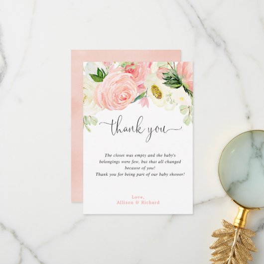 赤面ピンクの金ゴールドフローラの緑の水色エレガント サンキューカード (正面/裏面インサイチュ)
