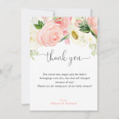 赤面ピンクの金ゴールドフローラの緑の水色エレガント サンキューカード (正面)