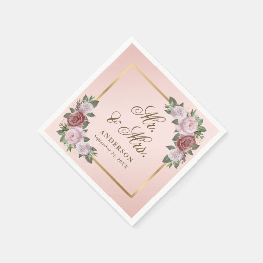 赤面ピンクの金ゴールドフローラミスター結婚ズ・ナプキンス スタンダードカクテルナプキン (角)