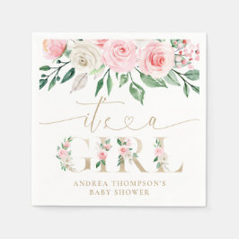 赤面ピンクの金ゴールドフローラ女の子の赤ちゃんシャワー スタンダードカクテルナプキン