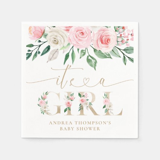 赤面ピンクの金ゴールドフローラ女の子の赤ちゃんシャワー スタンダードカクテルナプキン (正面)