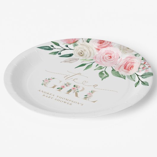 赤面ピンクの金ゴールドフローラ女の子の赤ちゃんシャワー ペーパープレート (アングル)