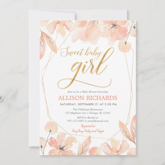 赤面ピンクの金ゴールドフローラ女の子の赤ちゃんシャワー 招待状 (正面)