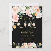 赤面ピンクの金ゴールドフローラ女の子の赤ちゃんシャワー 招待状 (正面)