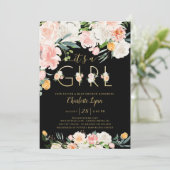 赤面ピンクの金ゴールドフローラ女の子の赤ちゃんシャワー 招待状 (スタンド正面)