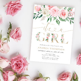 赤面ピンクの金ゴールドフローラ女の子の赤ちゃんシャワー 招待状