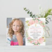 赤面ピンクの金ゴールドフローラ最初の聖体拝領写真 招待状 (スタンド正面)