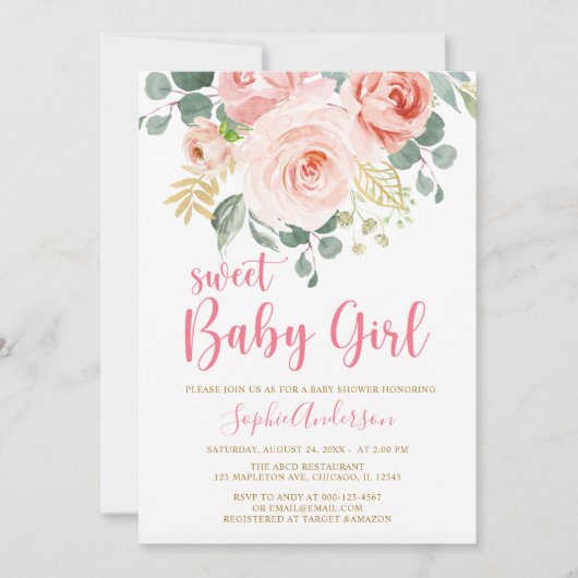 赤面ピンクの金ゴールドフローラ甘いベビーガールベビーシャワー 招待状 (正面)