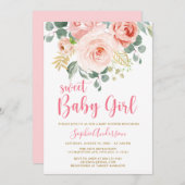 赤面ピンクの金ゴールドフローラ甘いベビーガールベビーシャワー 招待状 (正面/裏面)