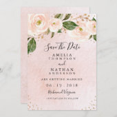 赤面ピンクの金ゴールドフローラ結婚式の日付を保存 招待状 (正面/裏面)