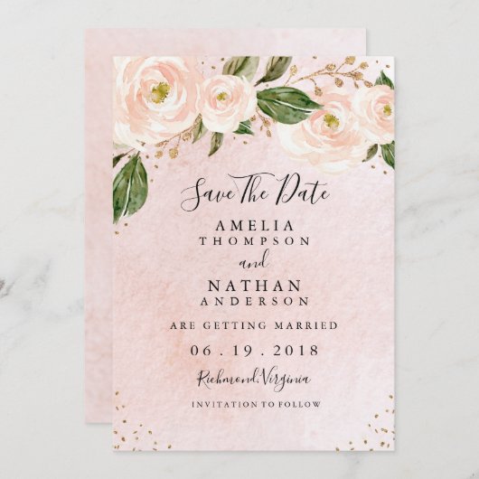 赤面ピンクの金ゴールドフローラ結婚式の日付を保存 招待状 (正面/裏面)