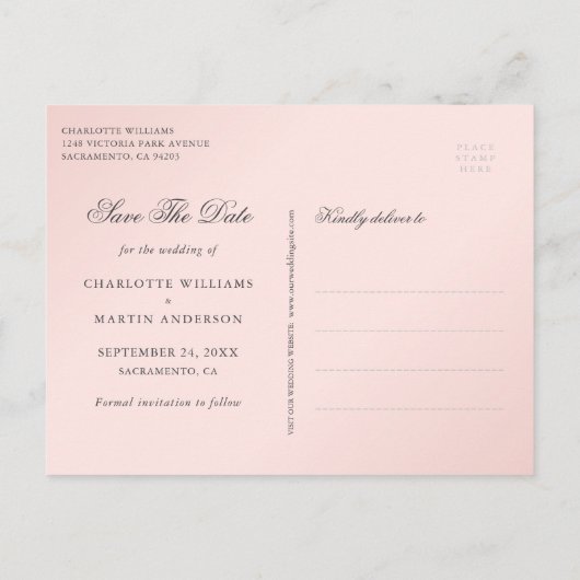 赤面ピンクの金ゴールドフローラ結婚式の日付を保存 案内ポストカード (裏面)