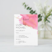 赤面ピンクの金ゴールドモダンウェディングRSVPとメニュー ポストカード (スタンド正面)