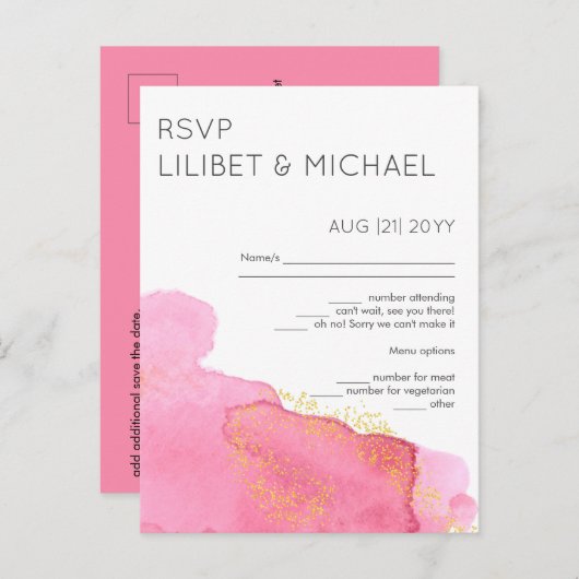 赤面ピンクの金ゴールドモダンウェディングRSVPとメニュー ポストカード (正面/裏面)