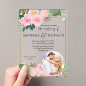 赤面ピンクの金ゴールドロマンチックなフローラ結婚写真 アクリル招待状 (インサイチュ (ポータブル))