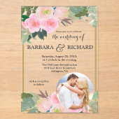 赤面ピンクの金ゴールドロマンチックなフローラ結婚写真 アクリル招待状 (正面)