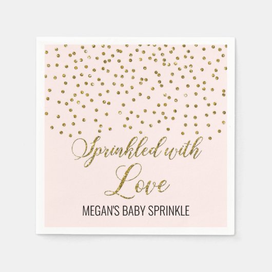 赤面ピンクの金ゴールド紙吹雪に愛を振りかけたもの スタンダードカクテルナプキン (正面)
