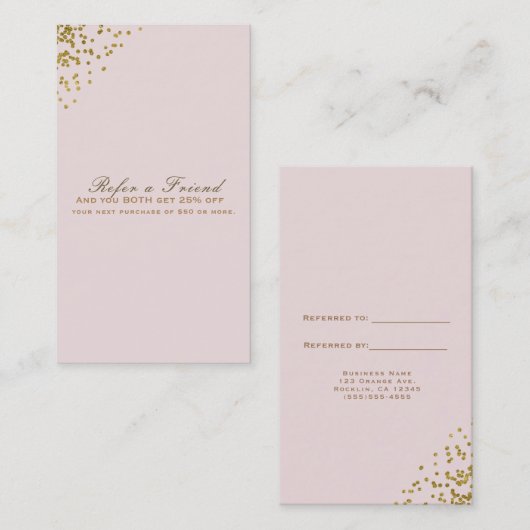 赤面ピンクの金ゴールド紙吹雪コーナーが友人を参照 紹介カード (正面/裏面)
