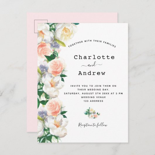 赤面ピンクの金ゴールド緑青花模様白結婚の ポストカード (正面/裏面)