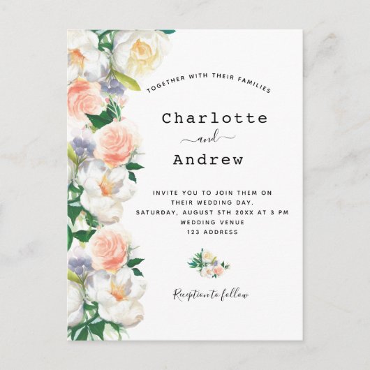 赤面ピンクの金ゴールド緑青花模様白結婚の ポストカード (正面)