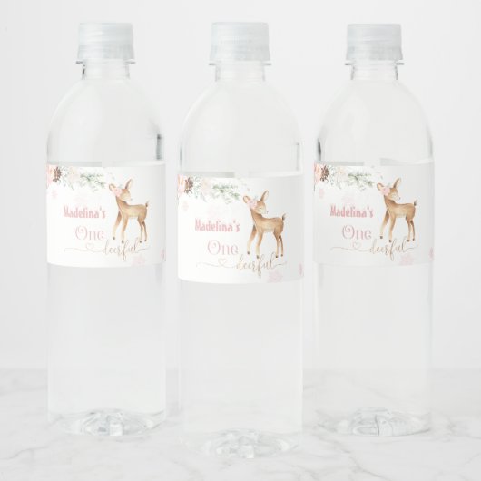 赤面ピンクの鹿の女の子の最初の誕生日1 ペットボトルラベル (ボトル)