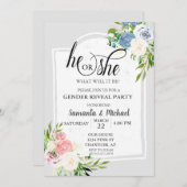 赤面ピンクほこりっぽい青フローラ性発現パーティー 招待状 (正面/裏面)