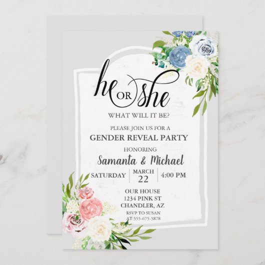 赤面ピンクほこりっぽい青フローラ性発現パーティー 招待状 (正面/裏面)