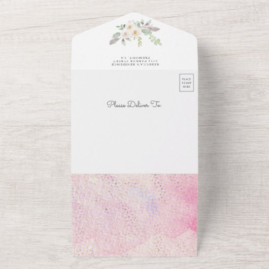 赤面ピンクアイボリーフローラムーンネイビーブルーベビーシャワー オールインワン招待状 (外側)