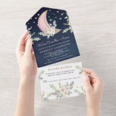 赤面ピンクアイボリーフローラムーンネイビーブルーベビーシャワー オールインワン招待状 (貼ってはがせる)