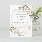 赤面ピンクアイボリーフローラ結婚の金ゴールド幾何学的 招待状 (スタンド正面)