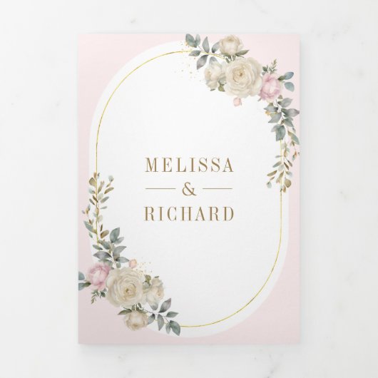 赤面ピンクアイボリーフローラ金ゴールドすべて結婚の 三つ折り招待状 (カバー)