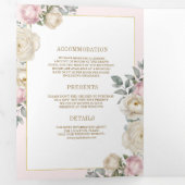 赤面ピンクアイボリーフローラ金ゴールドすべて結婚の 三つ折り招待状 (内部最初)