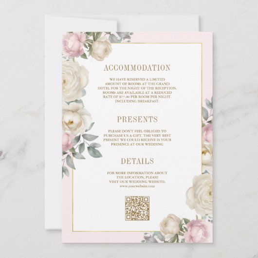 赤面ピンクアイボリーフローラ金ゴールドすべて結婚の 招待状 (裏面)