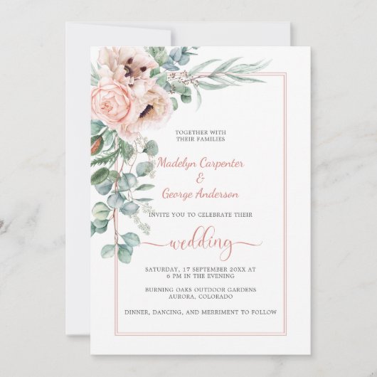 赤面ピンクアイボリーポピーズアンドペニーズフレ結婚ームズ 招待状 (正面)