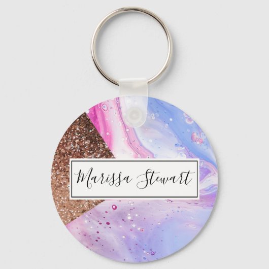 赤面ピンクアクアブルーリキッドマーブルグリッタージオ キーホルダー (正面)