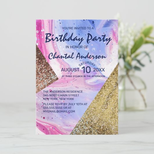 赤面ピンクアクアリキッドマーブルグリッター誕生日 招待状 (スタンド正面)