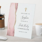 赤面ピンクアゲイト金ゴールドファーストホーリーコミューニオンウェルカム 台座サイン (インサイチュ)