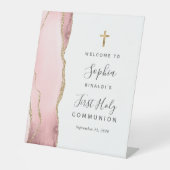 赤面ピンクアゲイト金ゴールドファーストホーリーコミューニオンウェルカム 台座サイン (正面)