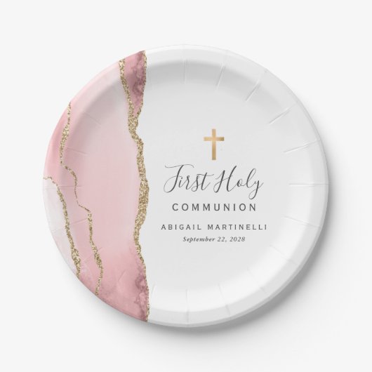 赤面ピンクアゲテ金ゴールドグリッターファーストホーリーコミュニオン ペーパープレート (正面)