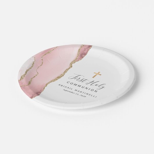 赤面ピンクアゲテ金ゴールドグリッターファーストホーリーコミュニオン ペーパープレート (アングル)