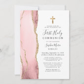 赤面ピンクアゲテ金ゴールドグリッターファーストホーリーコミュニオン 招待状 (正面)