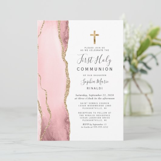 赤面ピンクアゲテ金ゴールドグリッターファーストホーリーコミュニオン 招待状 (スタンド正面)