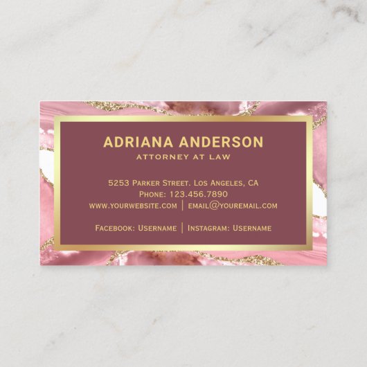 赤面ピンクアゲートアジェート弁護士弁護士金ゴールドペンペンNib 名刺 (裏面)