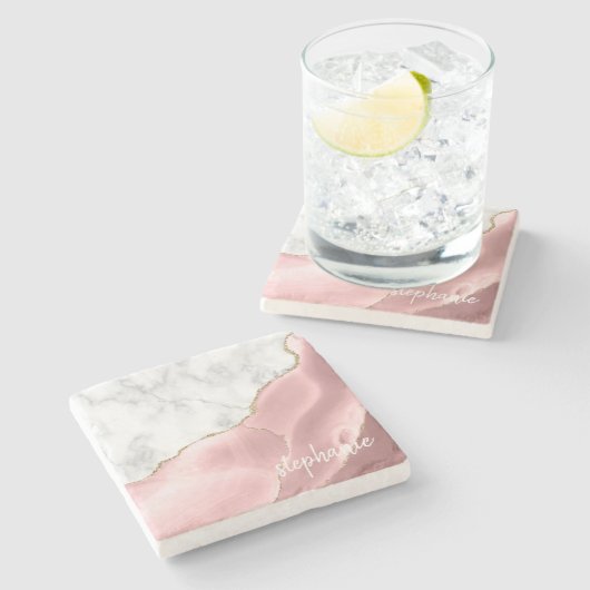 赤面ピンクアゲートシグネチャーホワイトマーブル金ゴールド ストーンコースター (横)