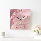 赤面ピンクアゲートスパークルグラムモノグラム スクエア壁時計 (ホーム)